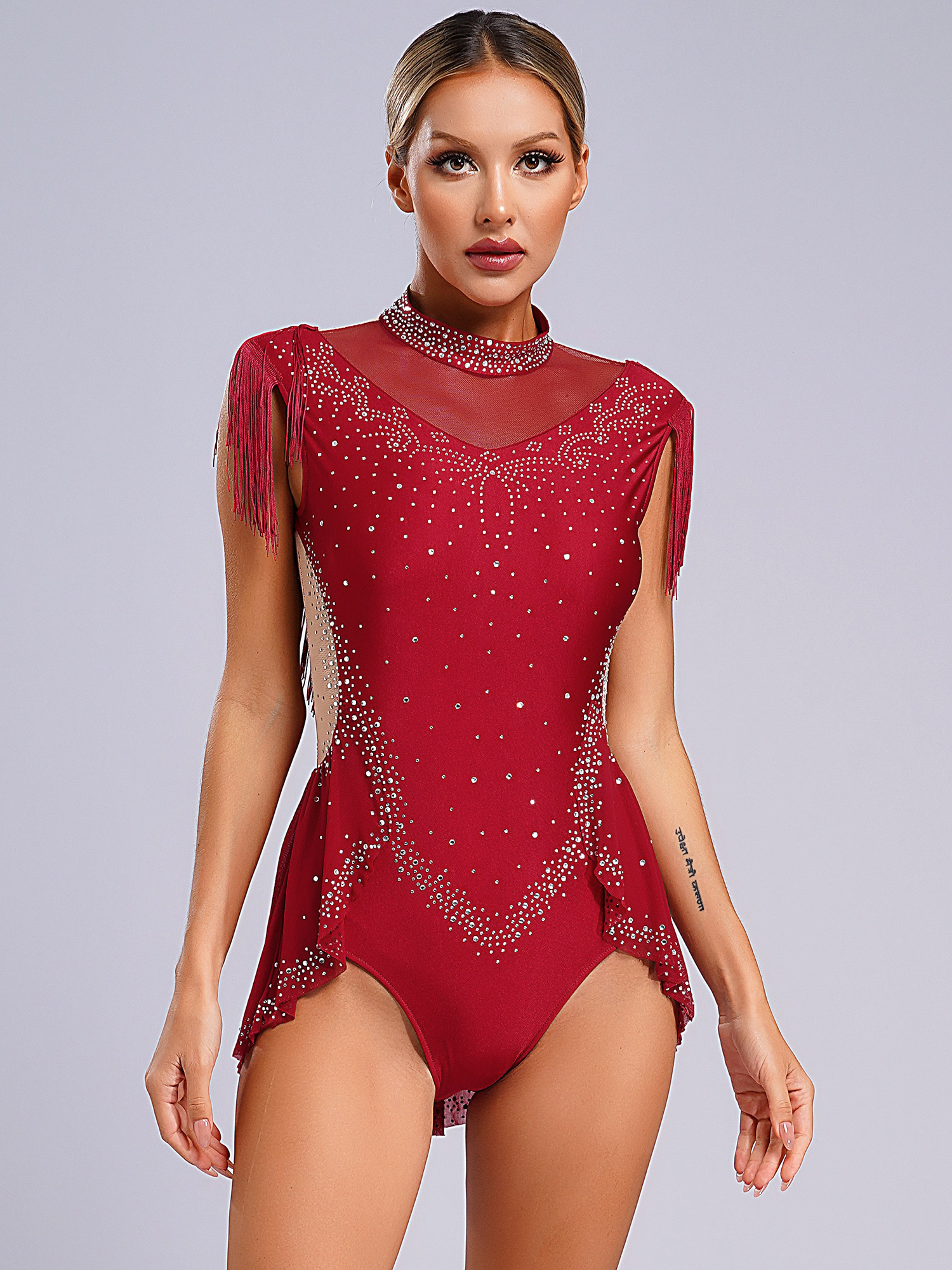 Women Sleeveless Rhinestones Sheer Mesh Patchwork Tassel Lyrical Dance Leotard