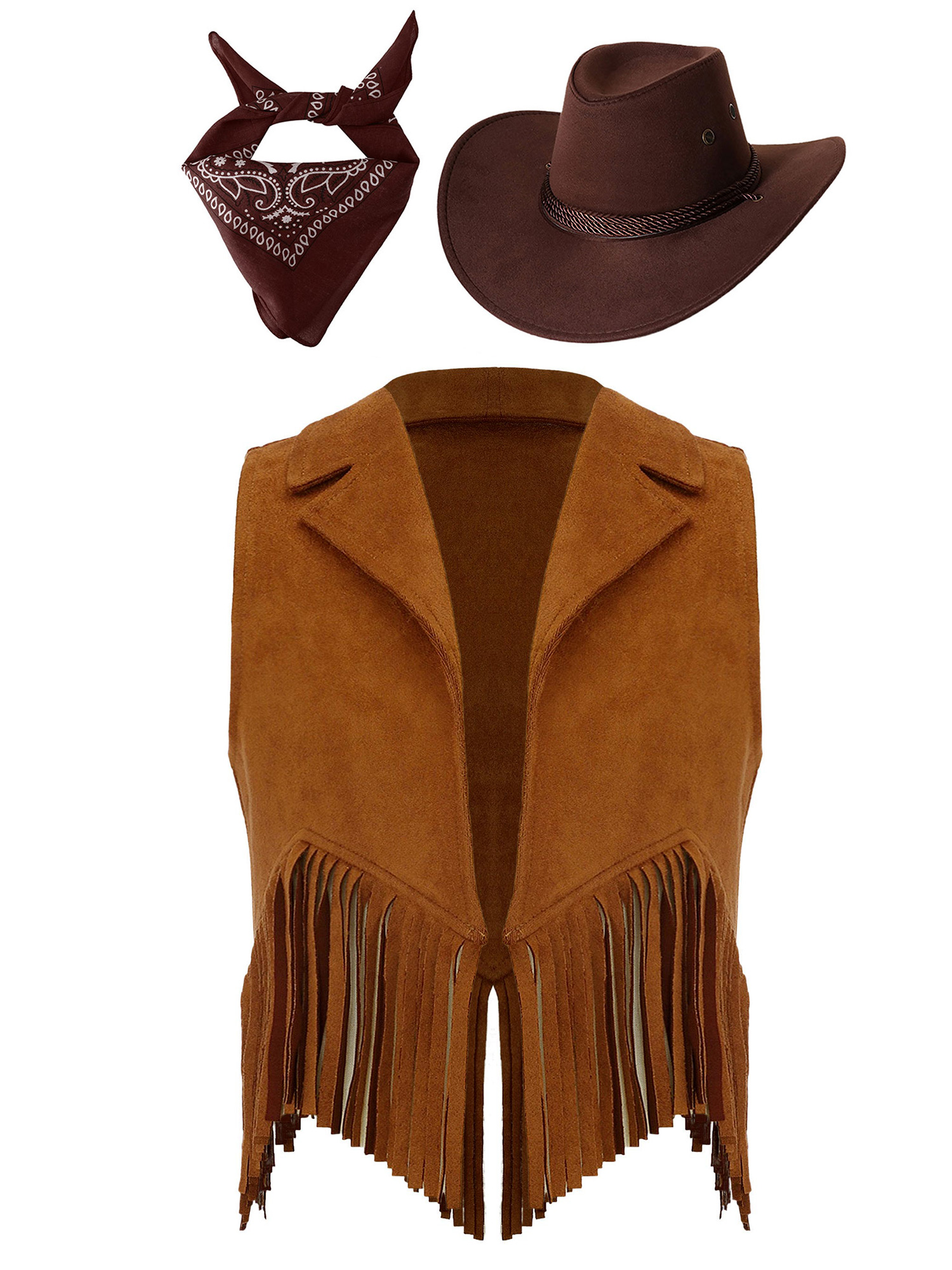 Girl 3pcs Cowgirl Costume Suede Tassels Vest with Hat Bandanna Set