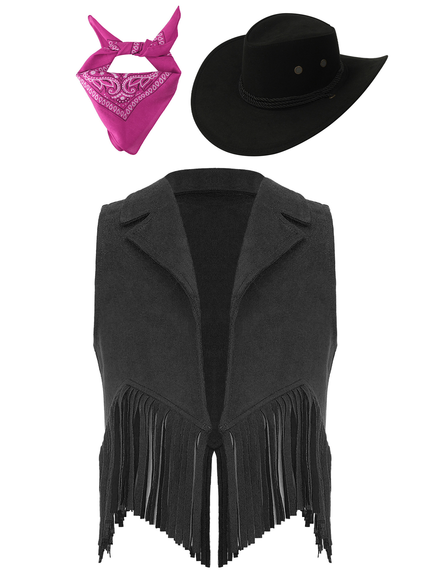 Girl 3pcs Cowgirl Costume Suede Tassels Vest with Hat Bandanna Set
