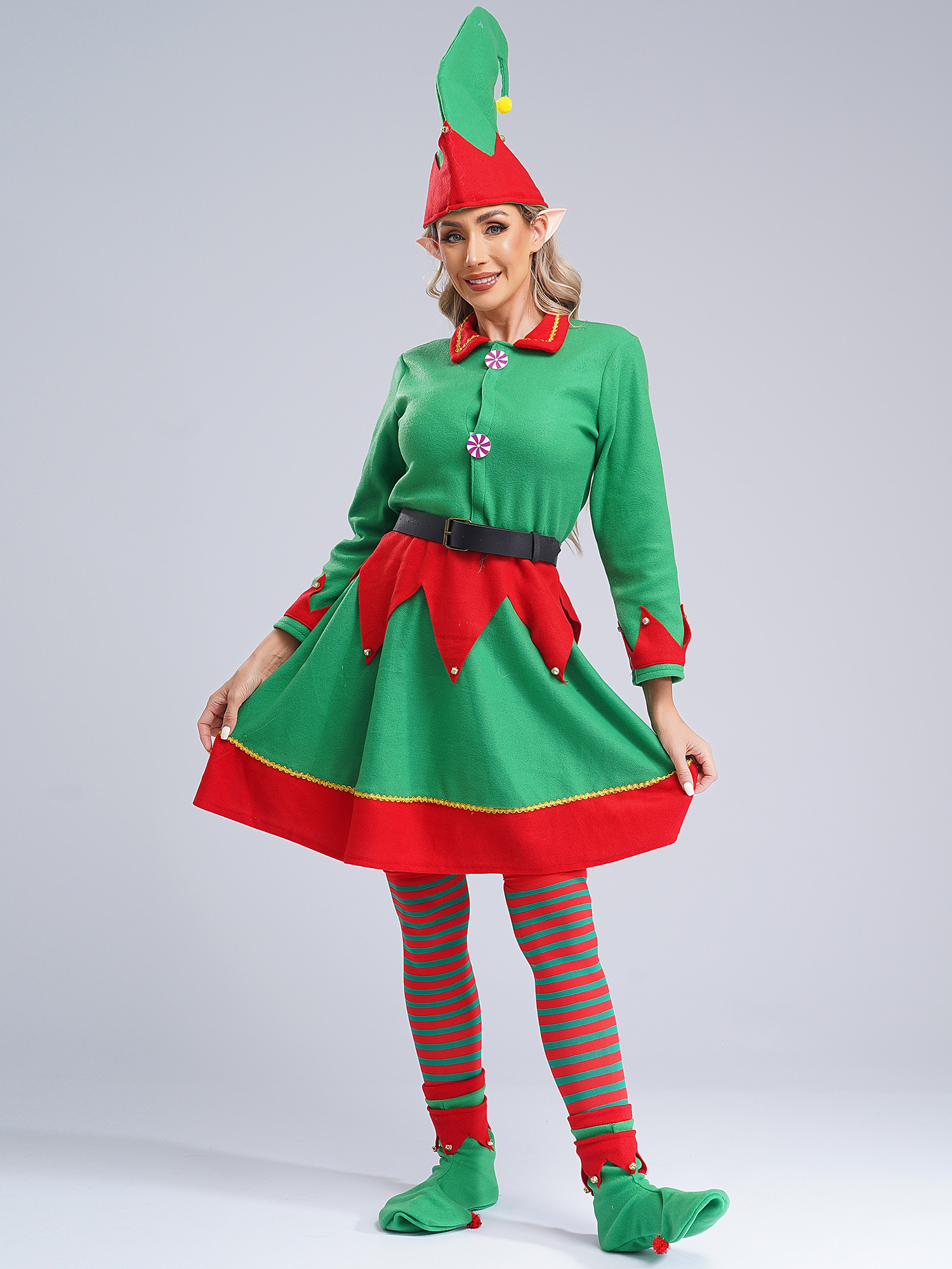 Women 6pcs Long Sleeve Lapel Front Button Velvet Dress Christmas Elf Costume Set