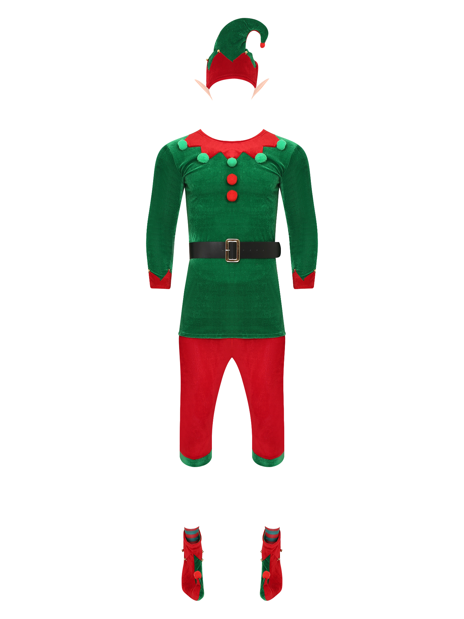 Men 7pcs Long Sleeve Top and Pants with Shoes Stockings Christmas Elf Costume