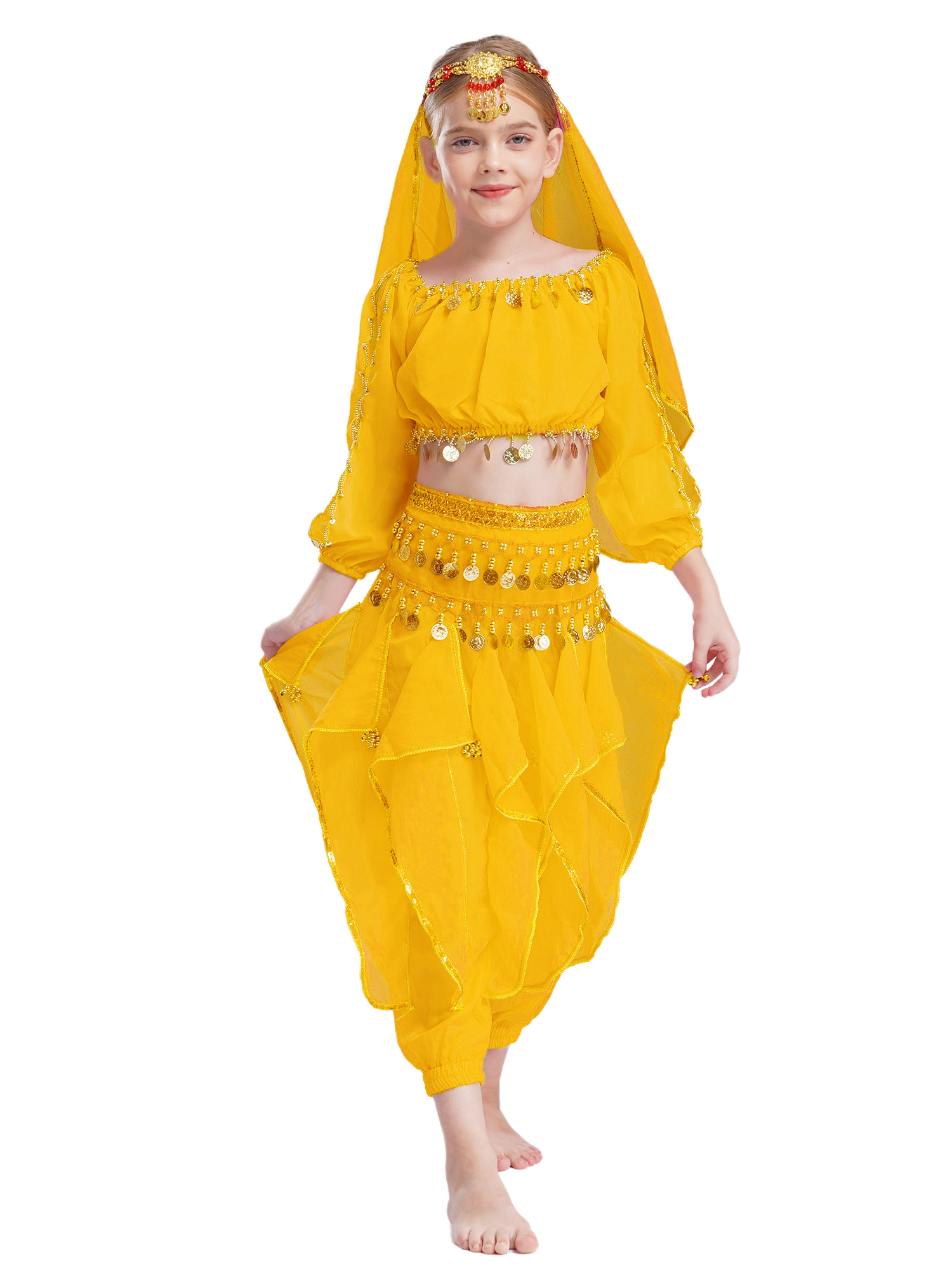 Kids Girls 5pcs Long Sleeve Crop Top and Pants Belly Dance Outfits Set