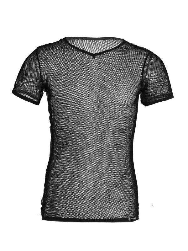 Men Short Sleeve V Neck Mesh See-Through Jazz Dance T-shirt thumb