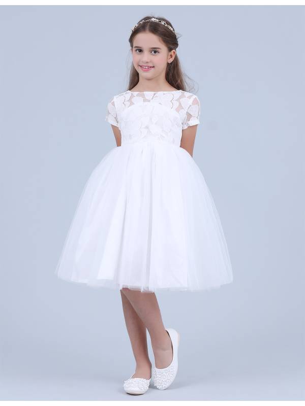 Kids Girls Lace and Mesh White Princess Party Dresses thumb