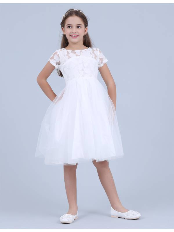 Kids Girls Lace and Mesh White Princess Party Dresses thumb