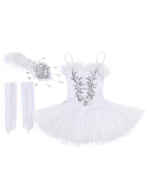 Kids Girls Sequined Beads Ballet Dance Tutu Dress with Gloves Hair Clip thumb