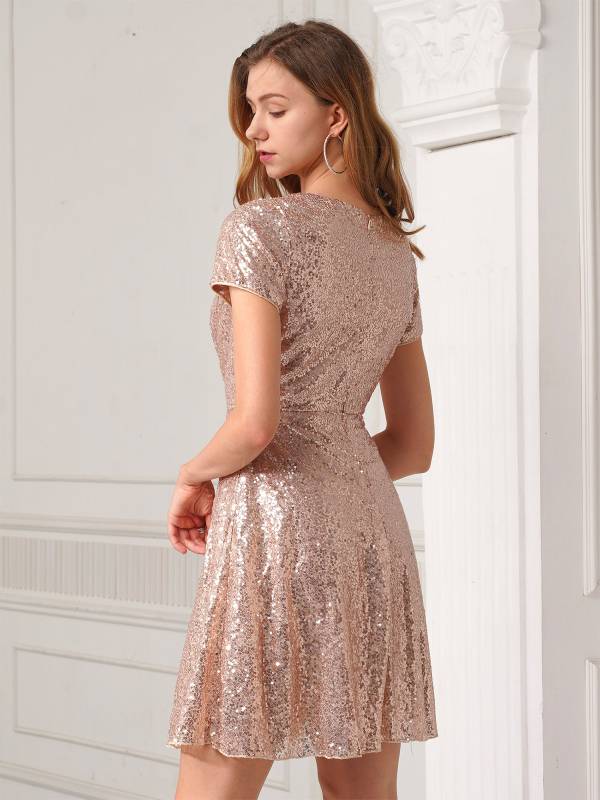 Women Ladies Round Neckline Sequins Cocktail A-line Dress thumb