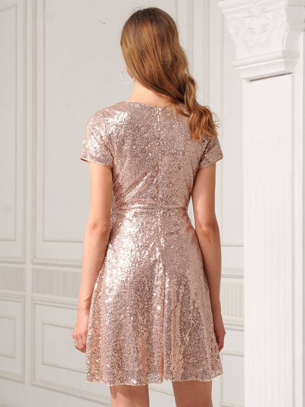 Women Ladies Round Neckline Sequins Cocktail A-line Dress thumb