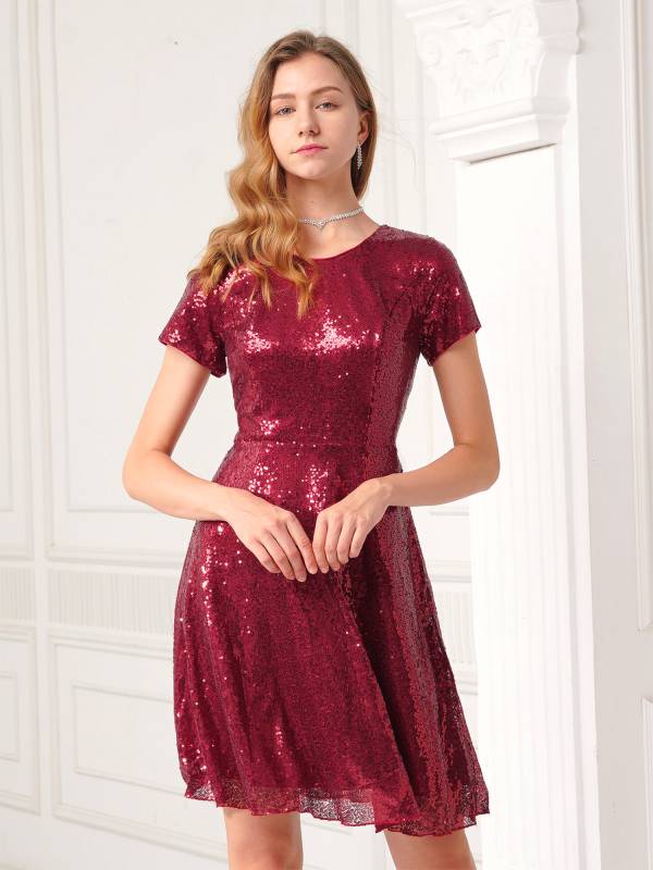 Women Ladies Round Neckline Sequins Cocktail A-line Dress thumb