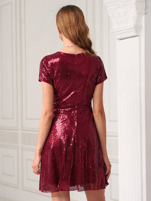 Women Ladies Round Neckline Sequins Cocktail A-line Dress thumb