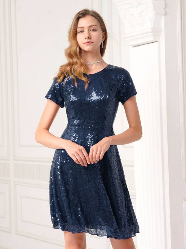 Women Ladies Round Neckline Sequins Cocktail A-line Dress thumb