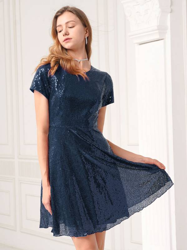 Women Ladies Round Neckline Sequins Cocktail A-line Dress thumb