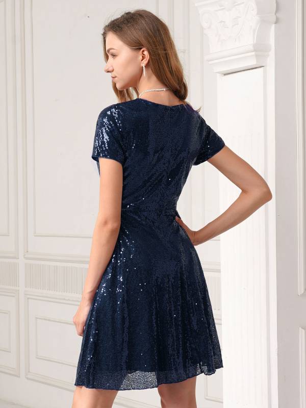 Women Ladies Round Neckline Sequins Cocktail A-line Dress thumb