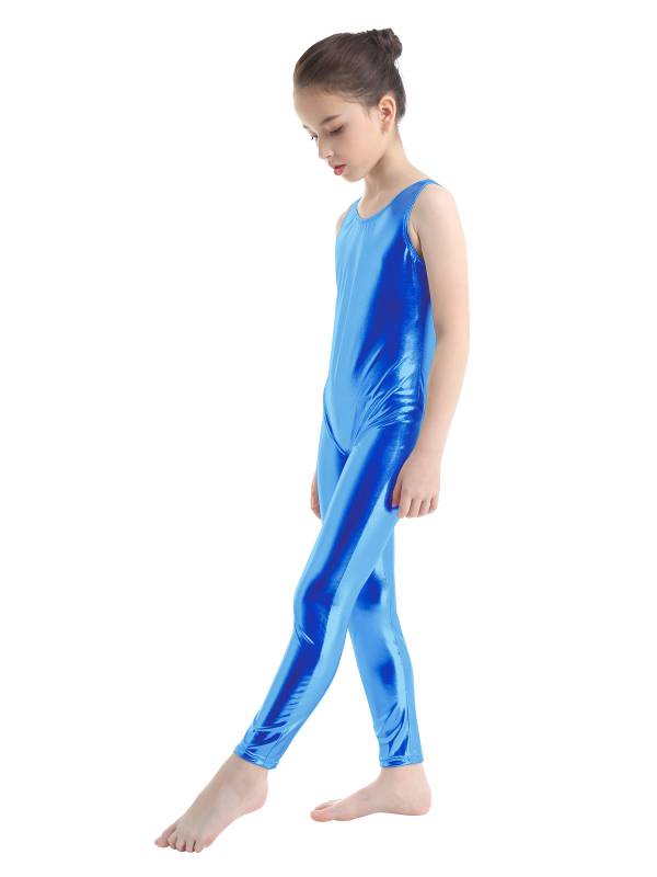 Kids Girls Sleeveless Glossy Metallic Gymnastics Unitard thumb