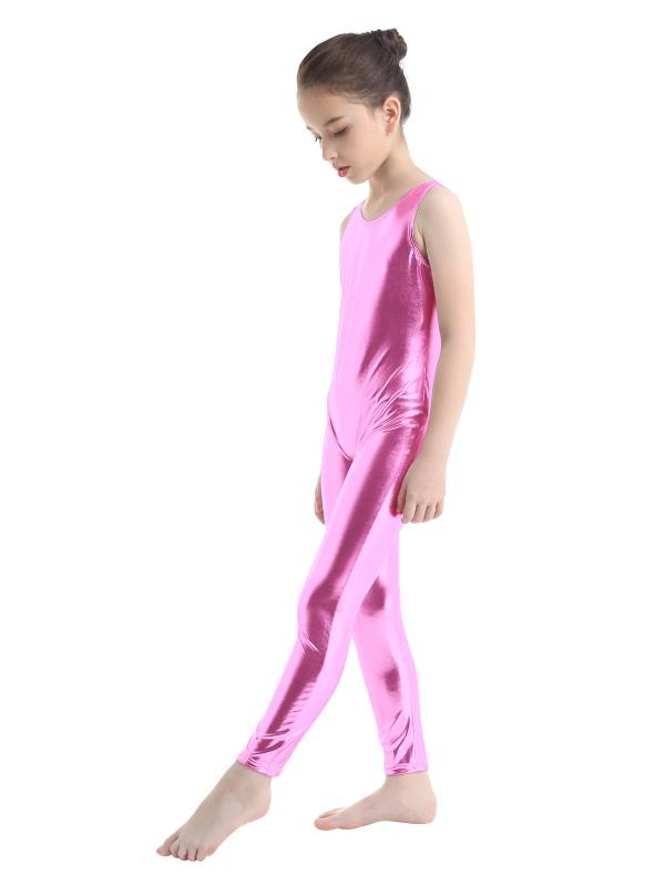 Kids Girls Sleeveless Glossy Metallic Gymnastics Unitard thumb