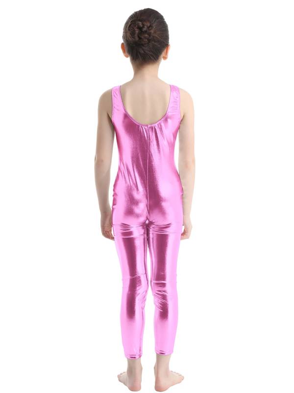 Kids Girls Sleeveless Glossy Metallic Gymnastics Unitard thumb