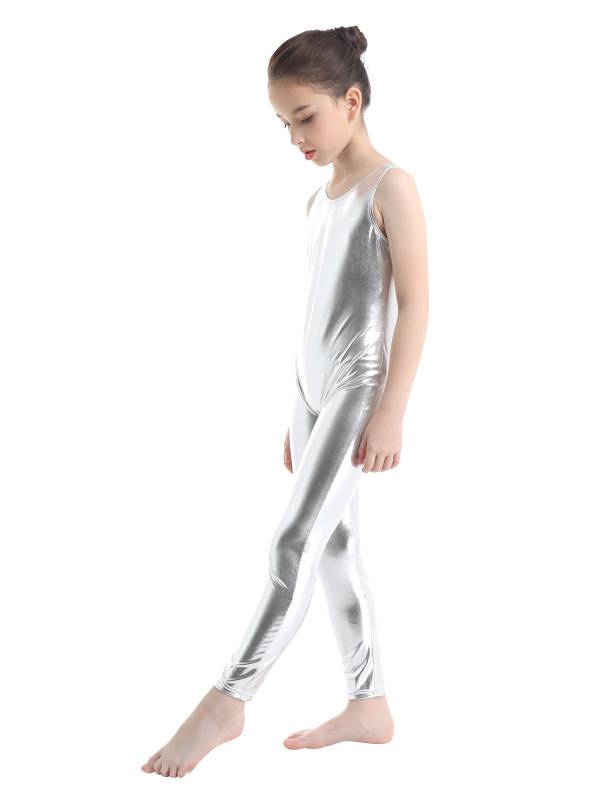 Kids Girls Sleeveless Glossy Metallic Gymnastics Unitard thumb