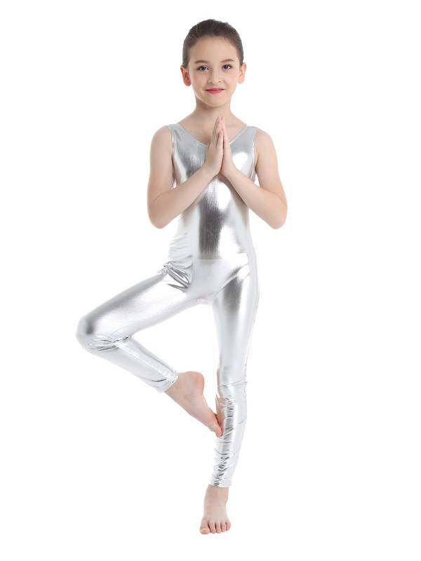Kids Girls Sleeveless Glossy Metallic Gymnastics Unitard thumb