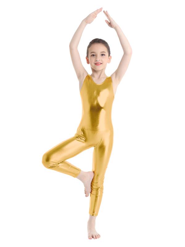 Kids Girls Sleeveless Glossy Metallic Gymnastics Unitard thumb