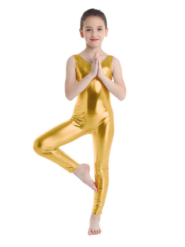 Kids Girls Sleeveless Glossy Metallic Gymnastics Unitard thumb