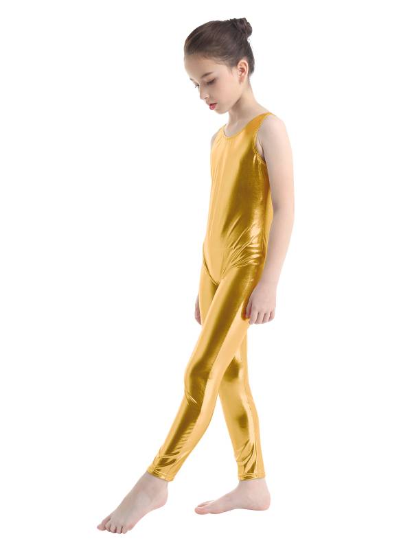 Kids Girls Sleeveless Glossy Metallic Gymnastics Unitard thumb