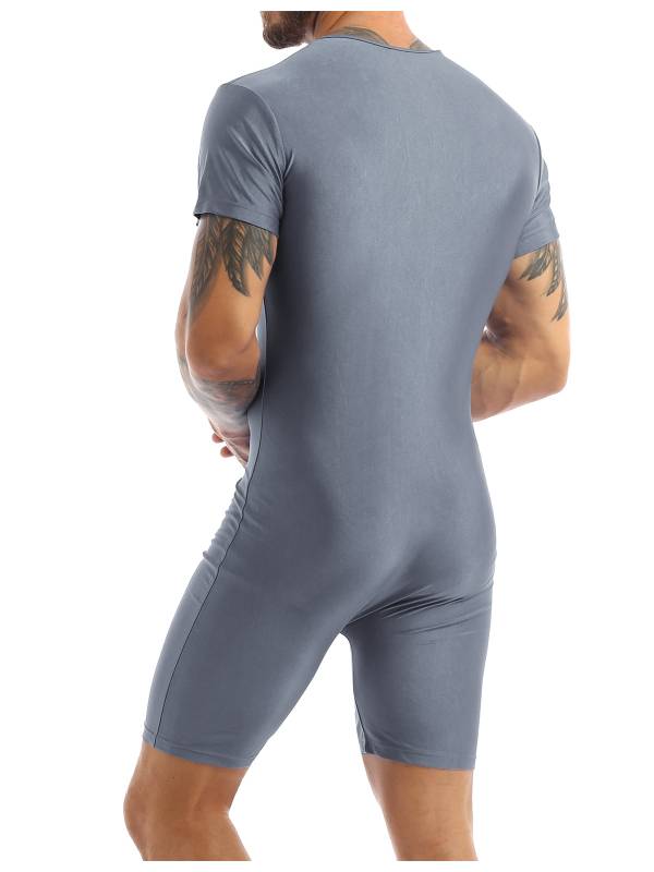 Men Short Sleeve Front Zipper Soft Boxer Briefs Gymnastic Leotard thumb