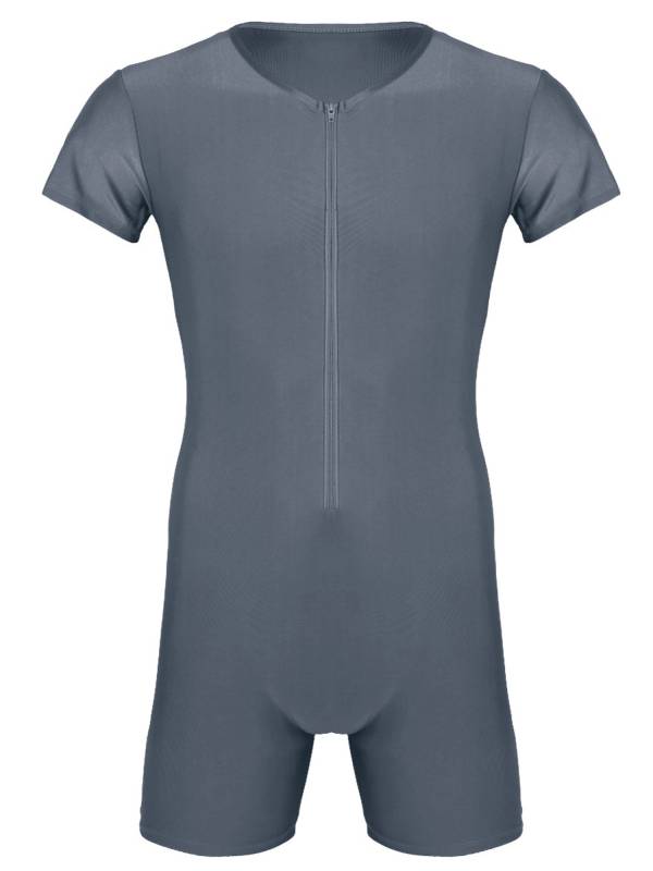 Men Short Sleeve Front Zipper Soft Boxer Briefs Gymnastic Leotard thumb