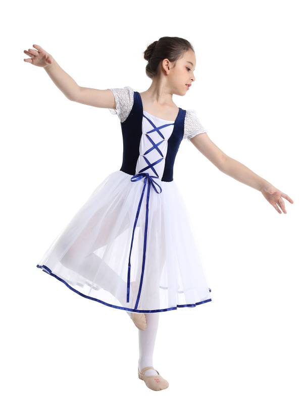 Kids Girls Bubble Sleeves Velvet Mesh Ballet Dance Leotard Dress thumb