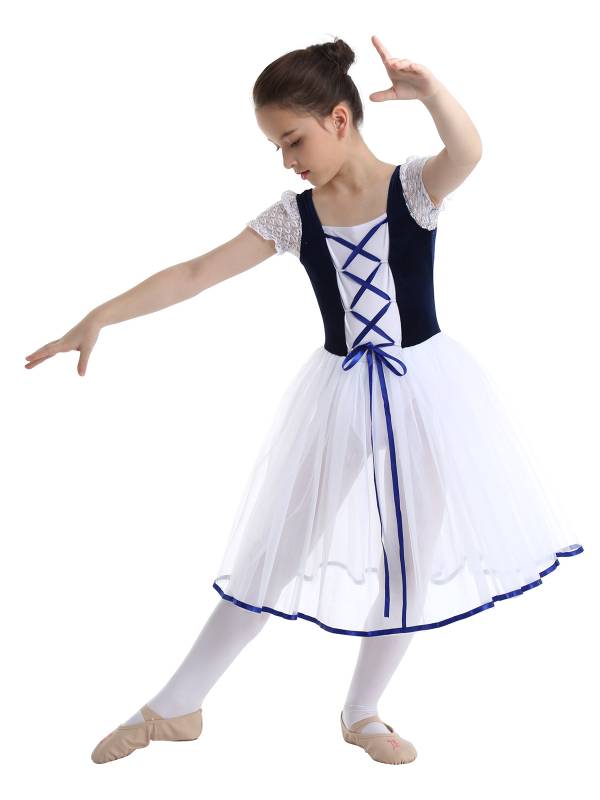 Kids Girls Bubble Sleeves Velvet Mesh Ballet Dance Leotard Dress thumb