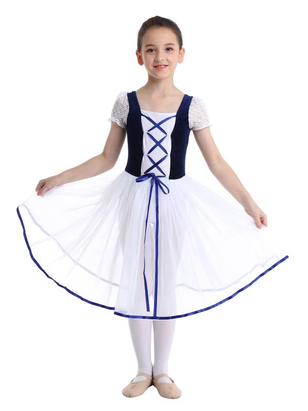 Kids Girls Bubble Sleeves Velvet Mesh Ballet Dance Leotard Dress thumb