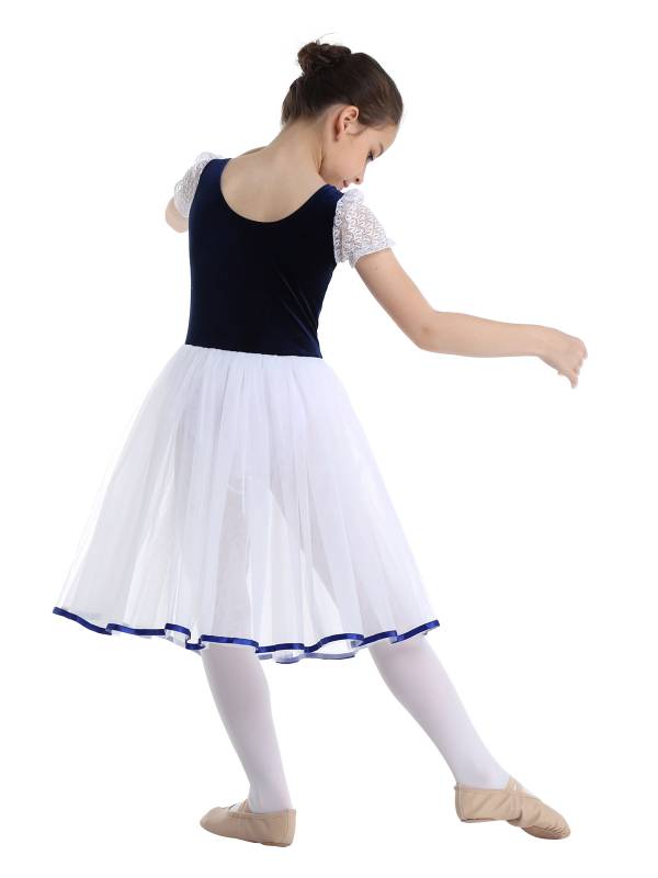 Kids Girls Bubble Sleeves Velvet Mesh Ballet Dance Leotard Dress thumb