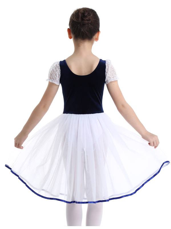 Kids Girls Bubble Sleeves Velvet Mesh Ballet Dance Leotard Dress thumb