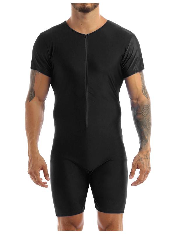 Men Short Sleeve Front Zipper Soft Boxer Briefs Gymnastic Leotard thumb