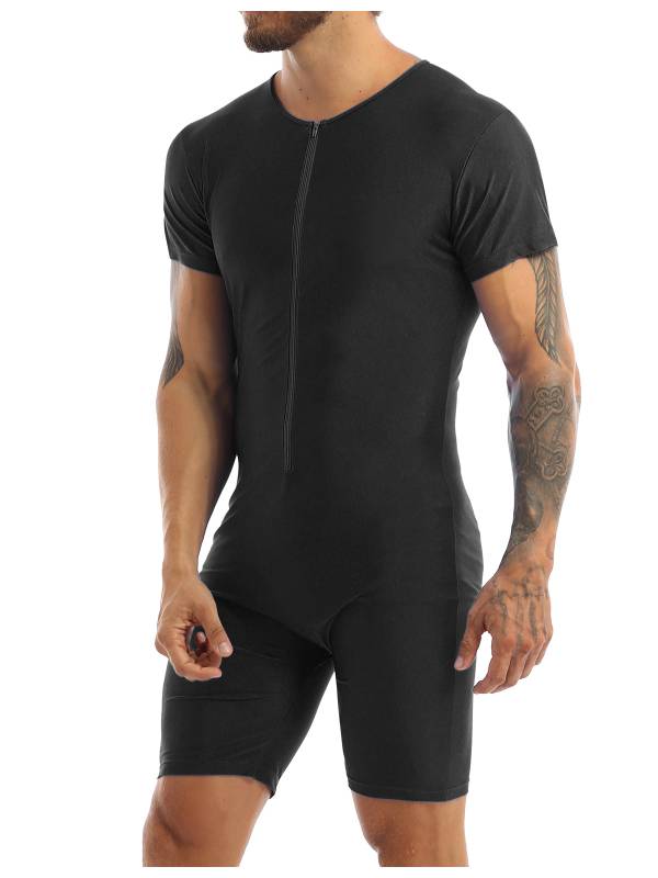 Men Short Sleeve Front Zipper Soft Boxer Briefs Gymnastic Leotard thumb