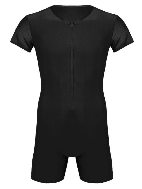Men Short Sleeve Front Zipper Soft Boxer Briefs Gymnastic Leotard thumb