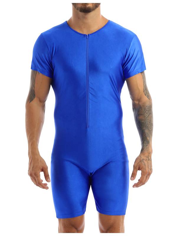 Men Short Sleeve Front Zipper Soft Boxer Briefs Gymnastic Leotard thumb
