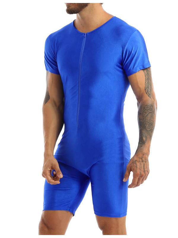 Men Short Sleeve Front Zipper Soft Boxer Briefs Gymnastic Leotard thumb