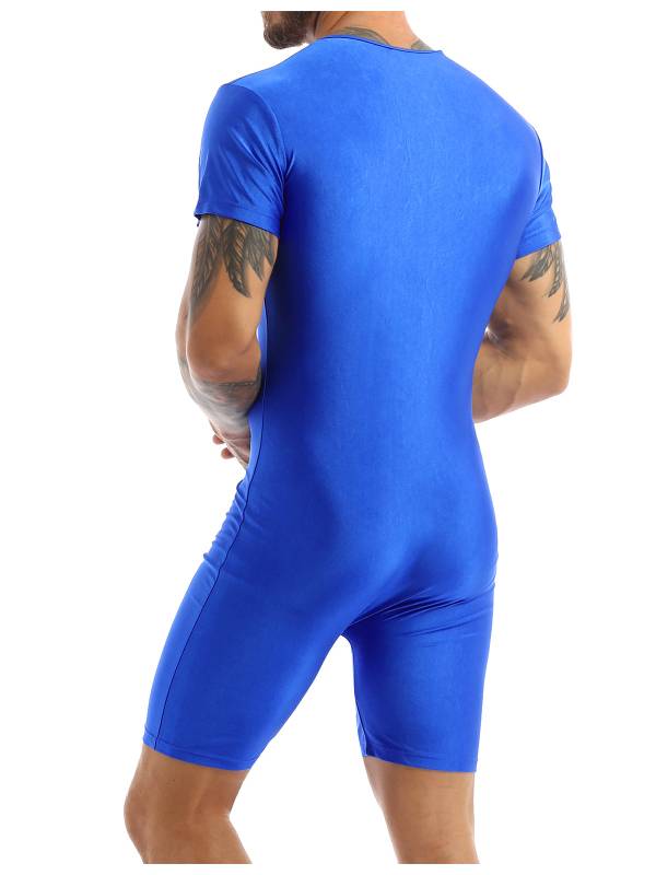 Men Short Sleeve Front Zipper Soft Boxer Briefs Gymnastic Leotard thumb
