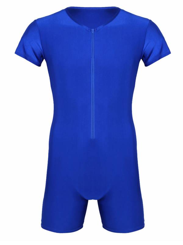 Men Short Sleeve Front Zipper Soft Boxer Briefs Gymnastic Leotard thumb
