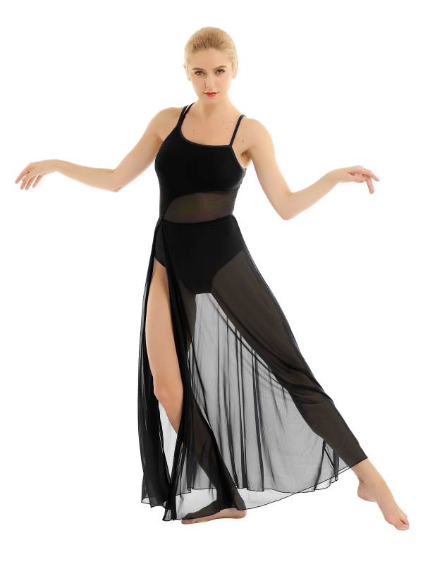 Women Spaghetti Strap Mesh Maxi Lyrical Dance Leotard Dress thumb