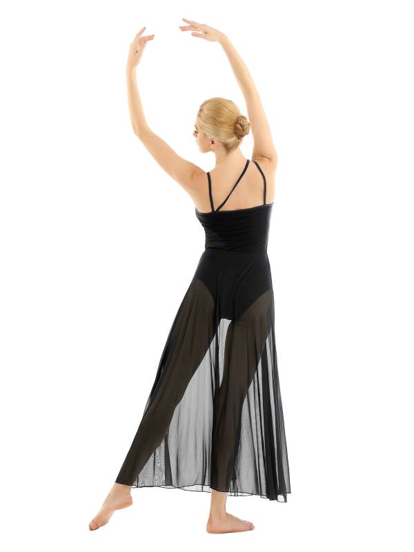 Women Spaghetti Strap Mesh Maxi Lyrical Dance Leotard Dress thumb