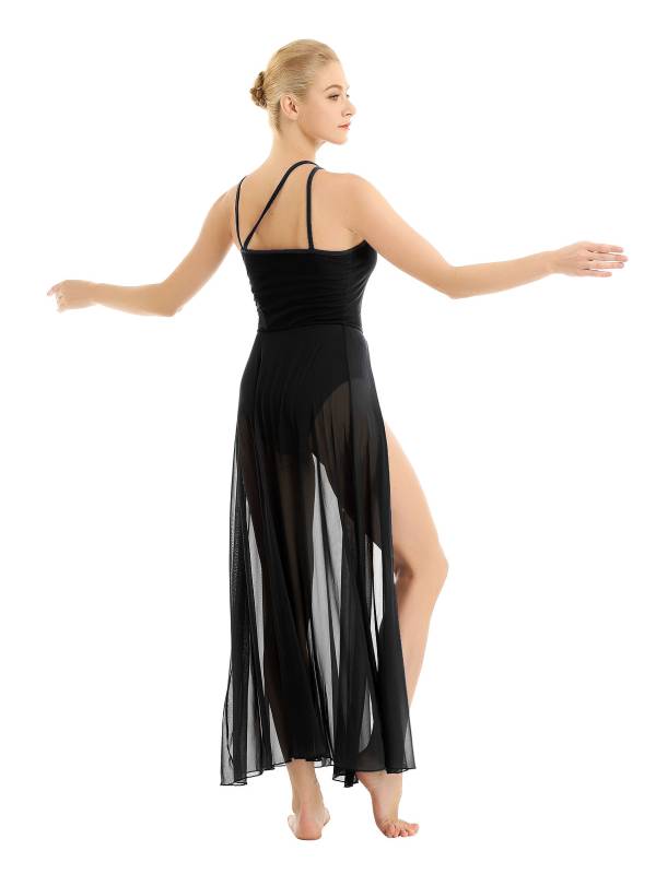 Women Spaghetti Strap Mesh Maxi Lyrical Dance Leotard Dress thumb