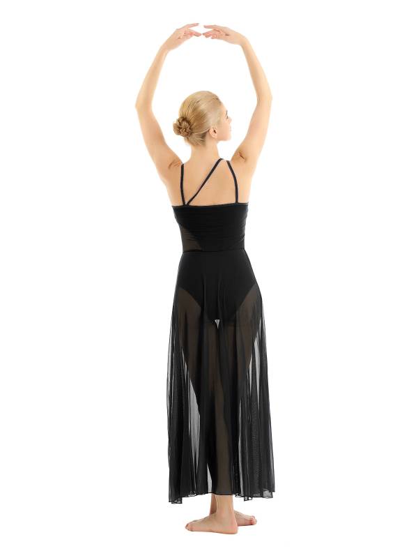 Women Spaghetti Strap Mesh Maxi Lyrical Dance Leotard Dress thumb
