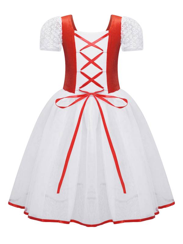Kids Girls Bubble Sleeves Velvet Mesh Ballet Dance Leotard Dress thumb