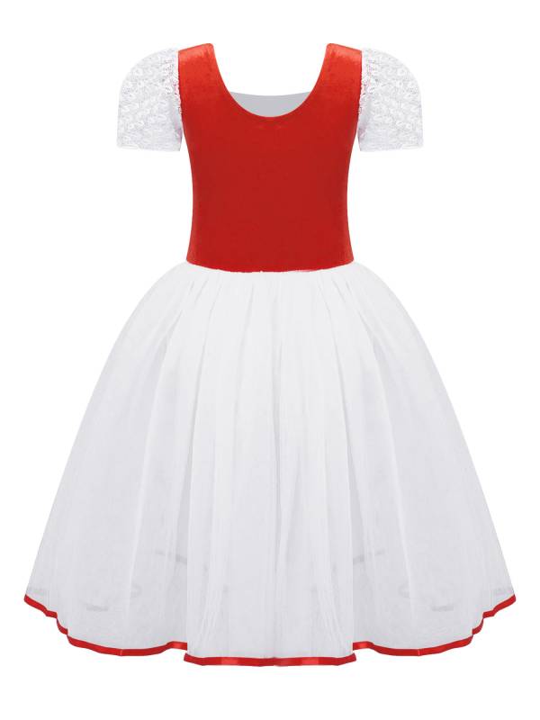 Kids Girls Bubble Sleeves Velvet Mesh Ballet Dance Leotard Dress thumb