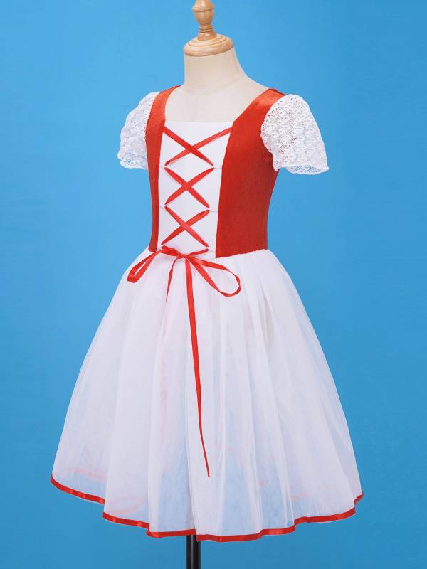 Kids Girls Bubble Sleeves Velvet Mesh Ballet Dance Leotard Dress thumb