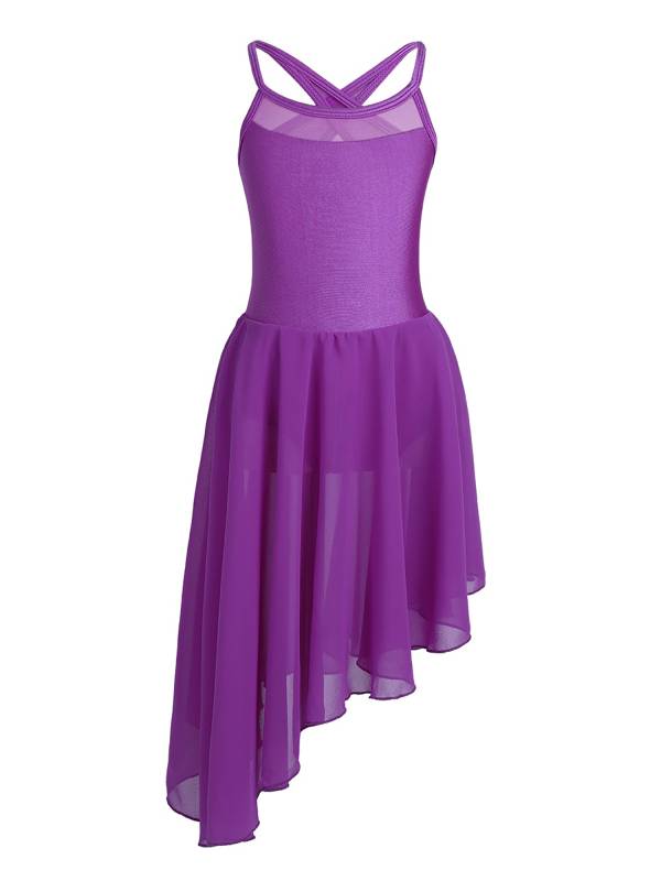 Kids Girls Spaghetti Straps Asymmetrical Lyrical Dance Leotard Dress thumb