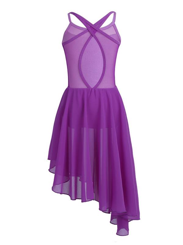 Kids Girls Spaghetti Straps Asymmetrical Lyrical Dance Leotard Dress thumb