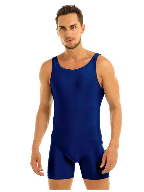 Men Sleeveless Stretchy One Piece Solid Gymnastics Unitard thumb