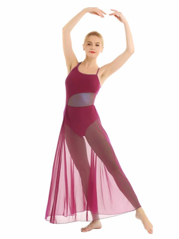 Women Spaghetti Strap Mesh Maxi Lyrical Dance Leotard Dress thumb